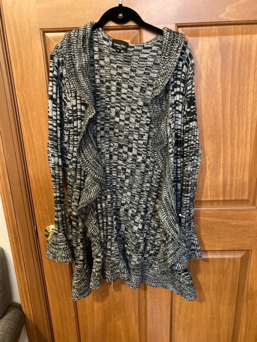 Brittany Black Marled Open-Front Ruffle Hem Cardigan - Black & White